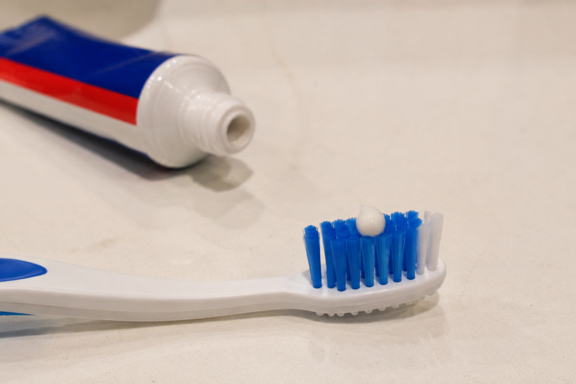 Cheap Toothpaste and smaller than a pea-sized amount of toothpaste on a toothbrush